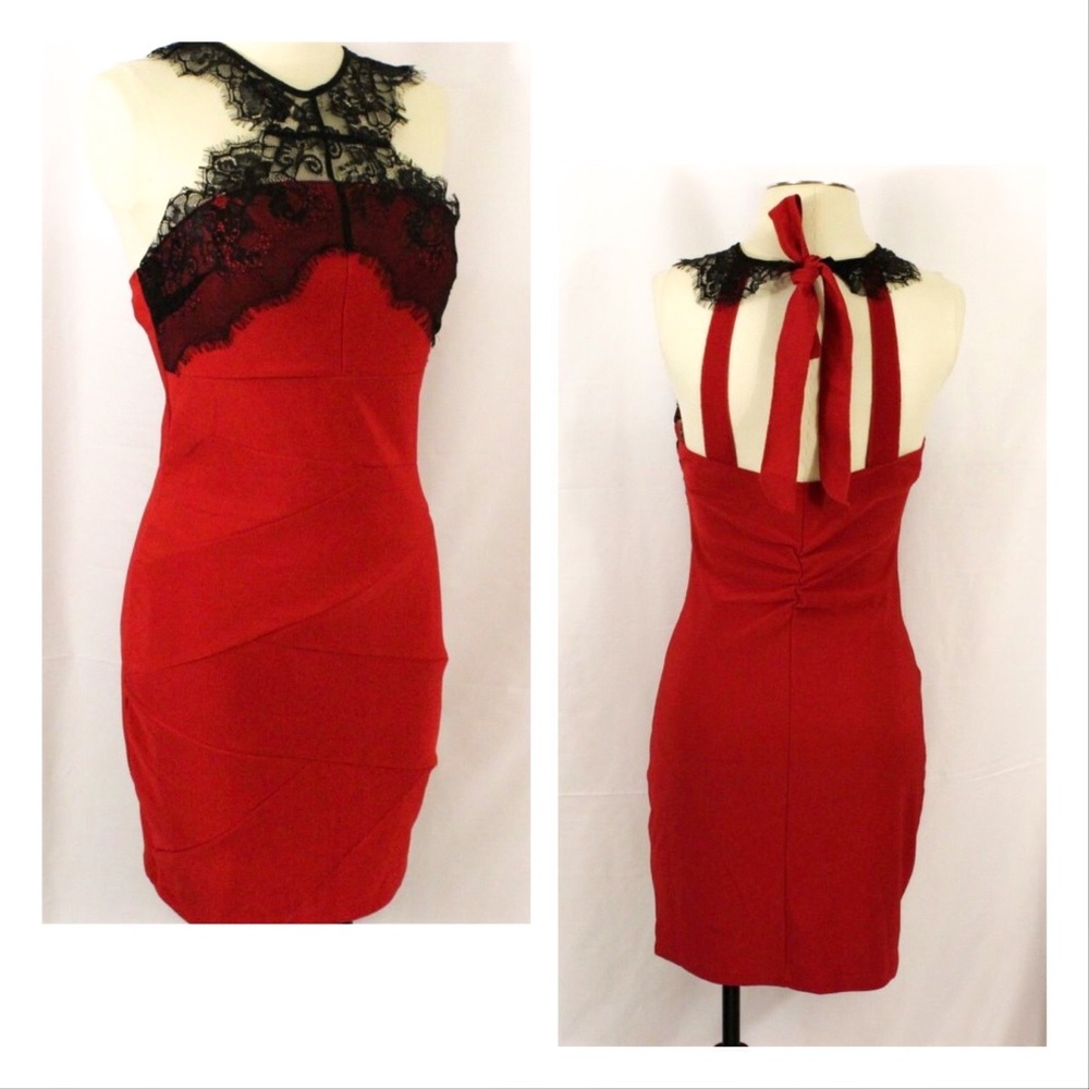 Retro Pinup Style Body Con Sexy Red Dress with Halter and Lace Detailing